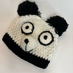 New Hand Crocheted Knit Panda Beanie Hat Black White Funky Unique Pom Pom Ears